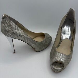 Michael Kors Silver Glitter Peep Toe‎ Platform Heels Pumps Size 8M